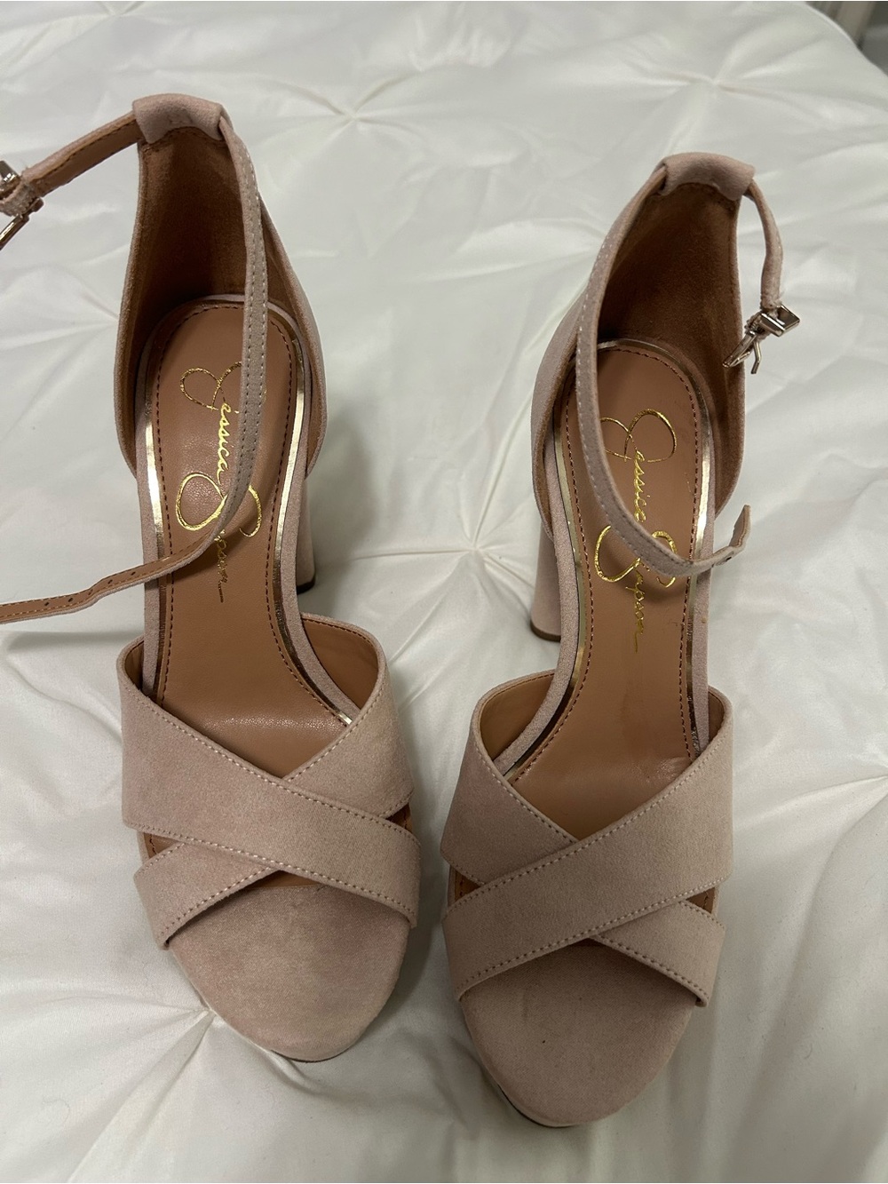 Jessica Simpson Blush/Beige Crisscross Suede Block Heels